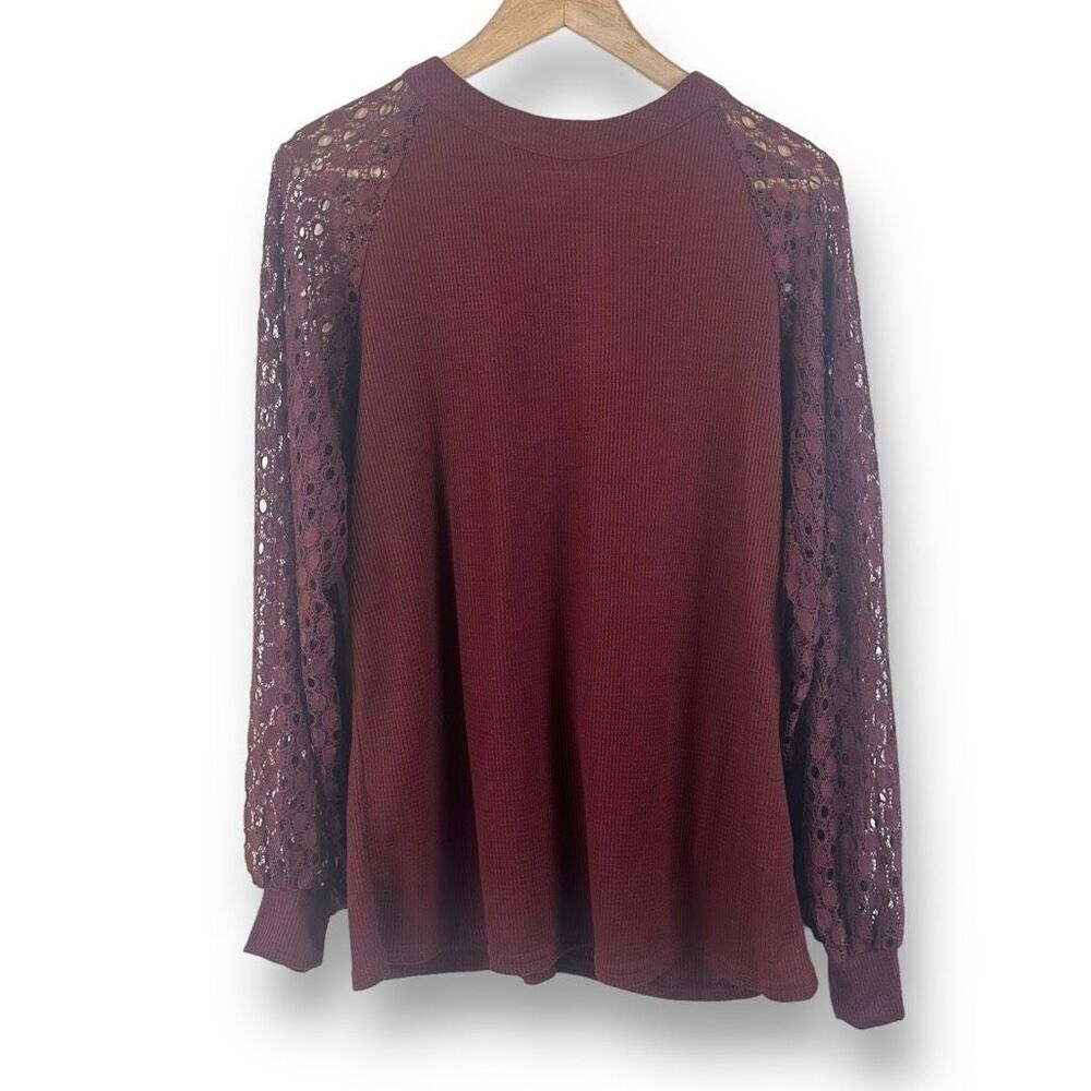 Miholl Women's L Eyelet Lace Sleeve Ribbed Knit Henley Top Burgundy Red Elevated
